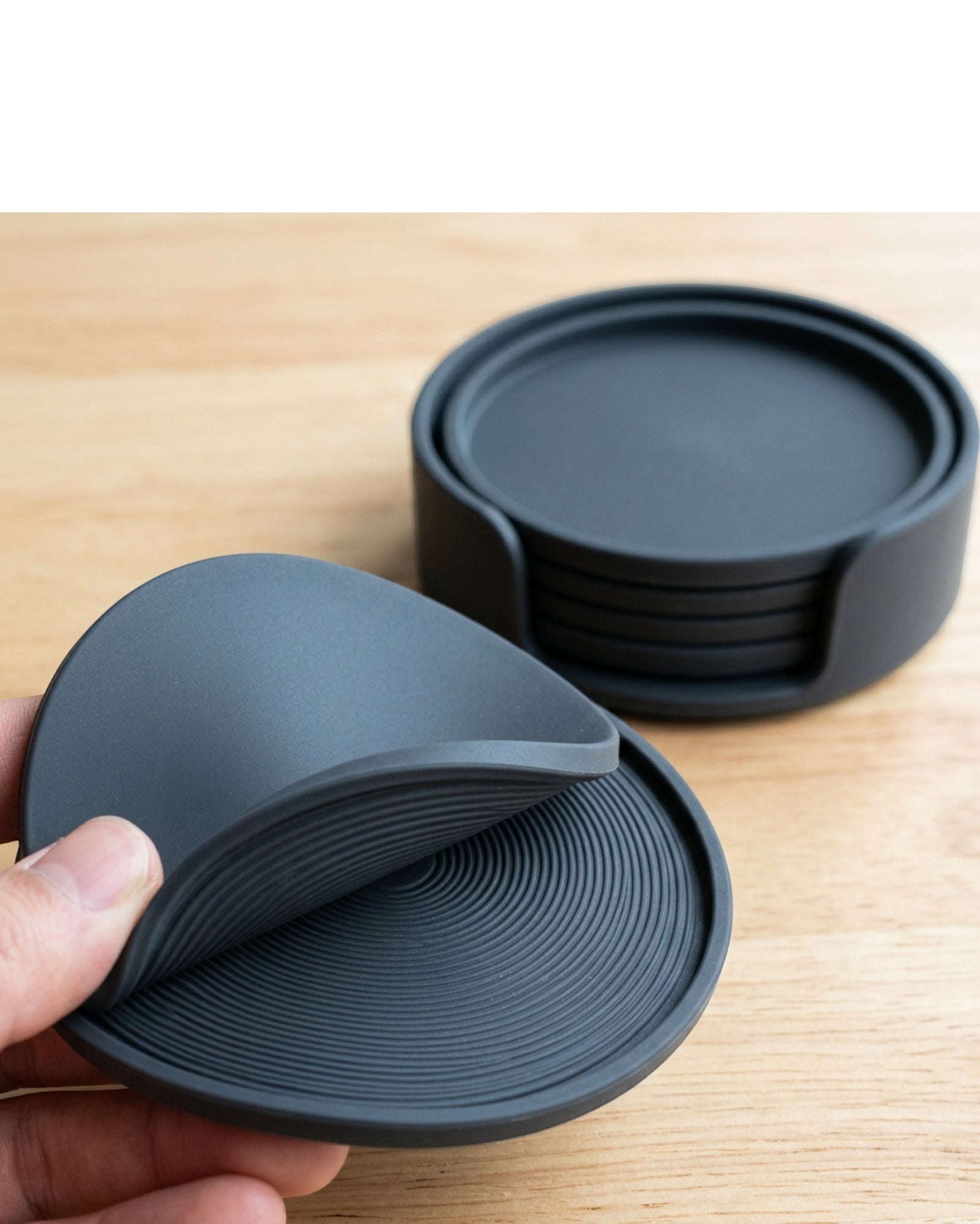 Nydealshop Round Silicone Coasters Set of 6 with Holder Charcoal - Detail view