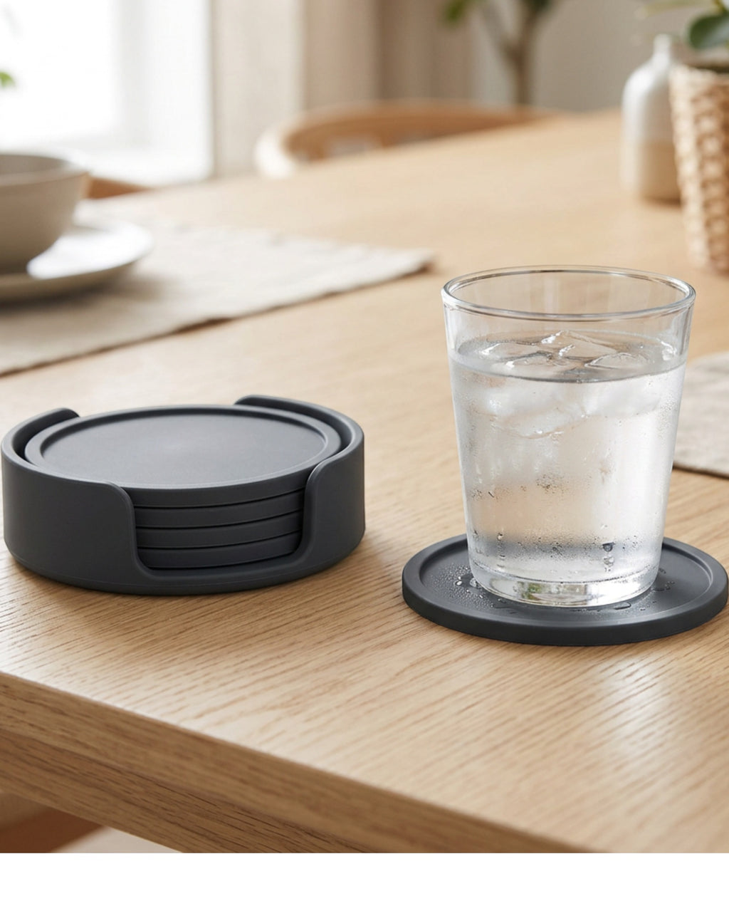 Nydealshop Round Silicone Coasters Set of 6 with Holder Charcoal - Lifestyle view