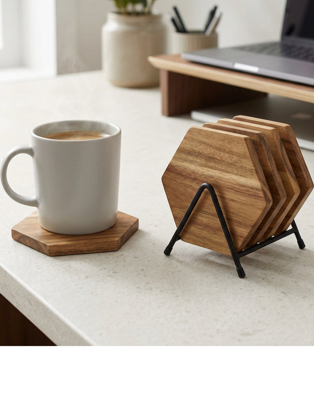 Nydealshop Acacia Wood Hexagon Coasters Set of 6 with Black Stand - Lifestyle view