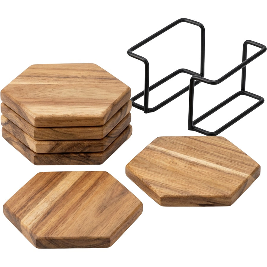 Nydealshop Acacia Wood Hexagon Coasters Set of 6 with Black Stand